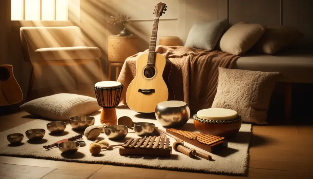Guitar and other instruments laying on the floor