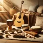 Guitar and other instruments laying on the floor
